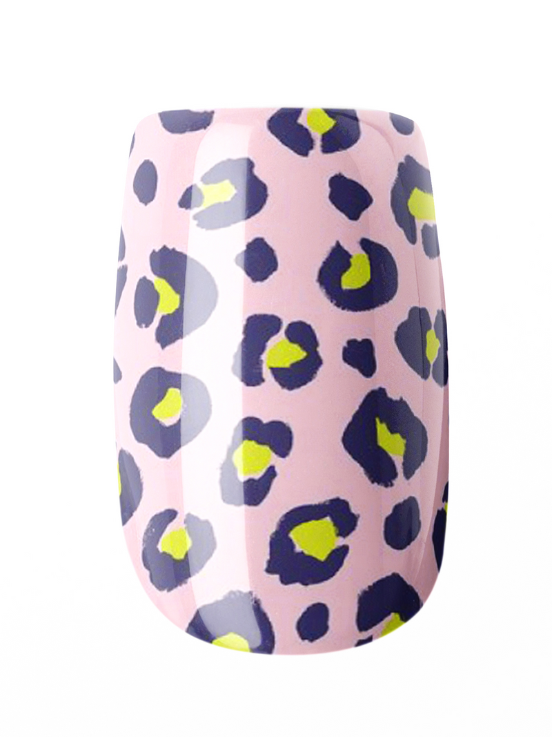 Pink nail wrap with purple and yellow leopard print pattern on a white background
