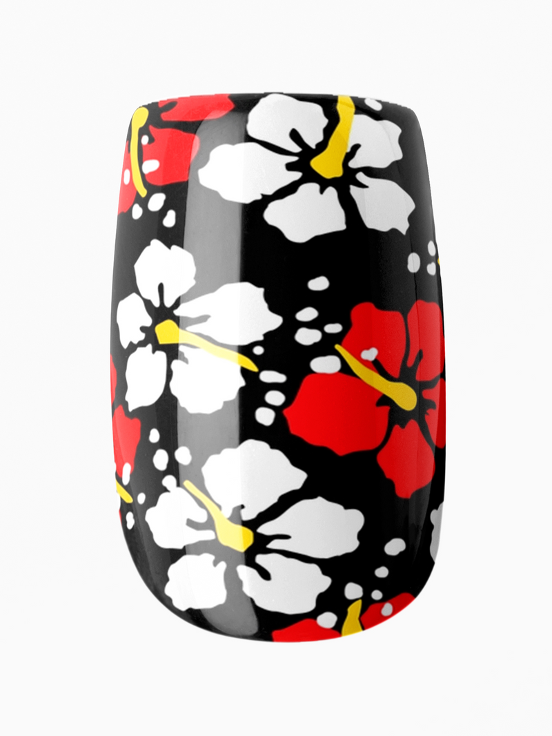 Nail art design with red, white, and black flowers on a black background