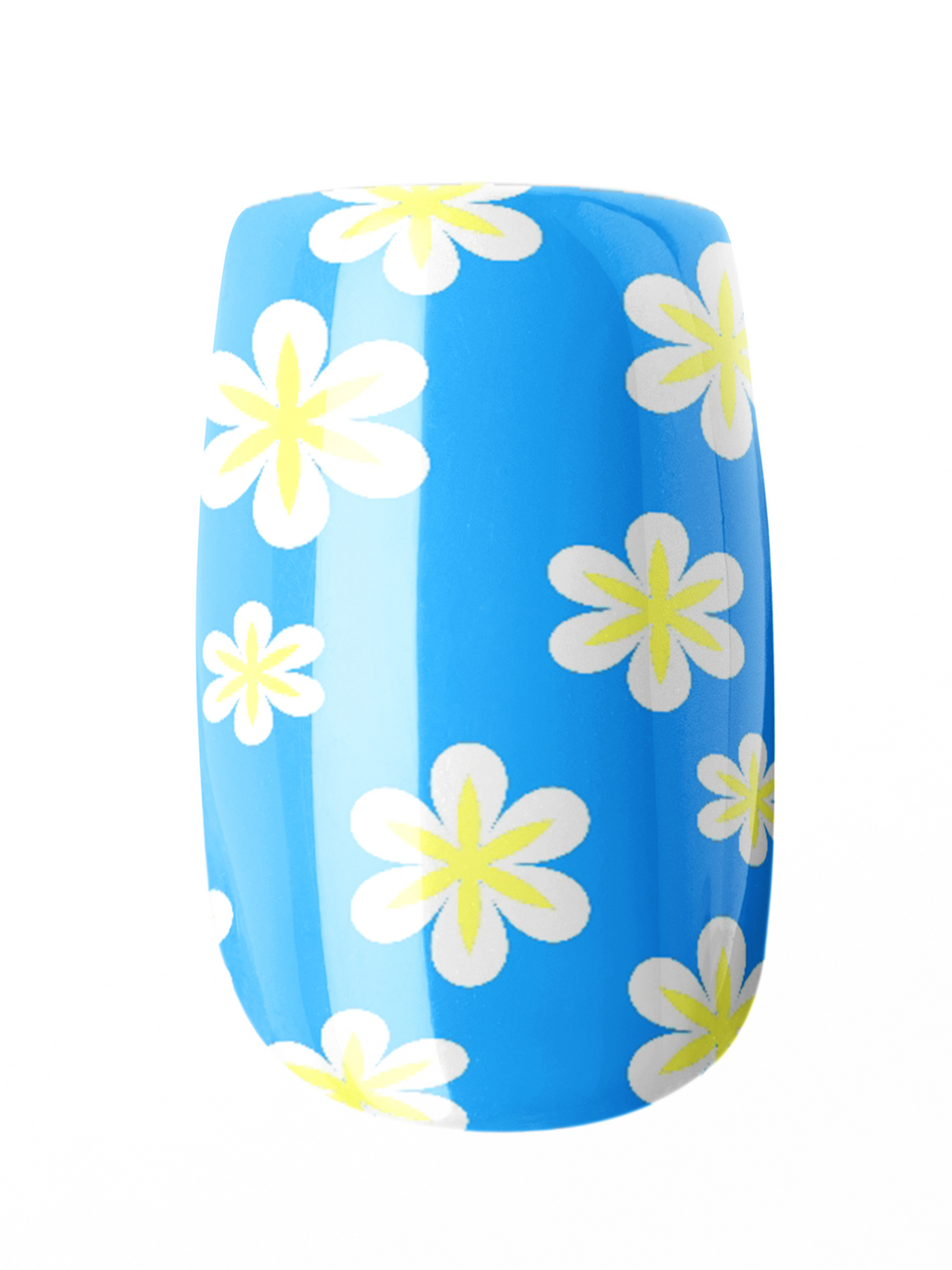 Blue pool float with white and yellow floral pattern on a white background