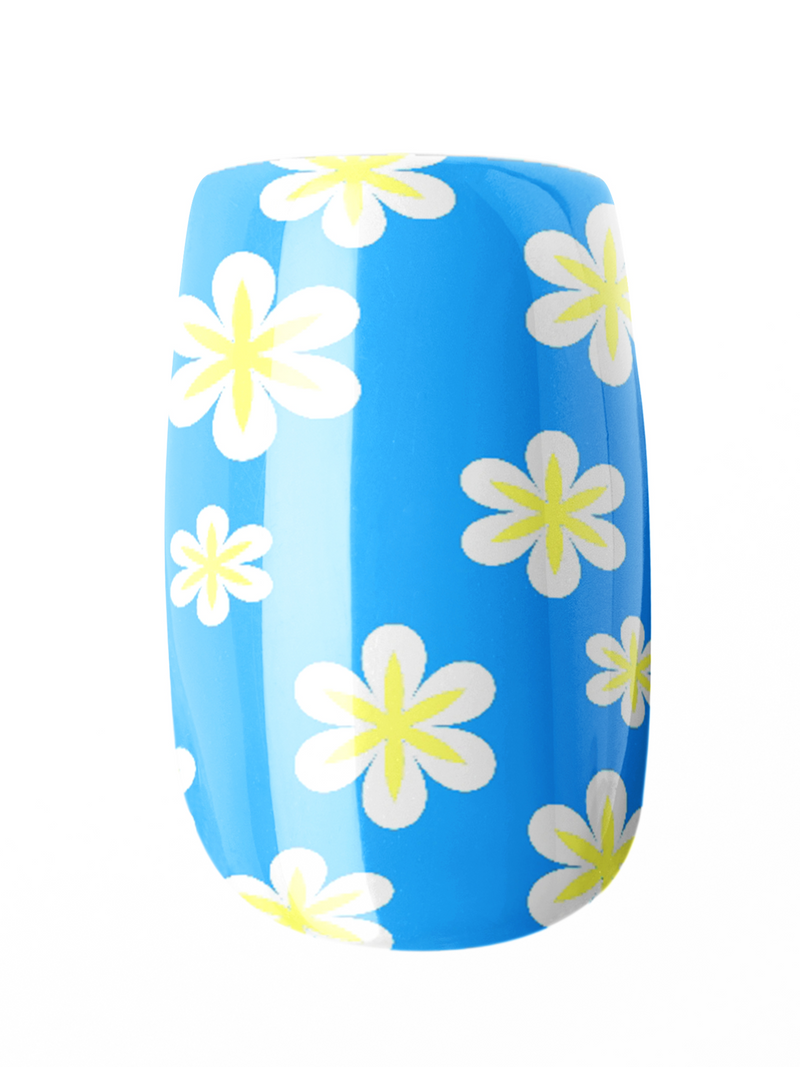 Blue pool float with white and yellow floral pattern on a white background