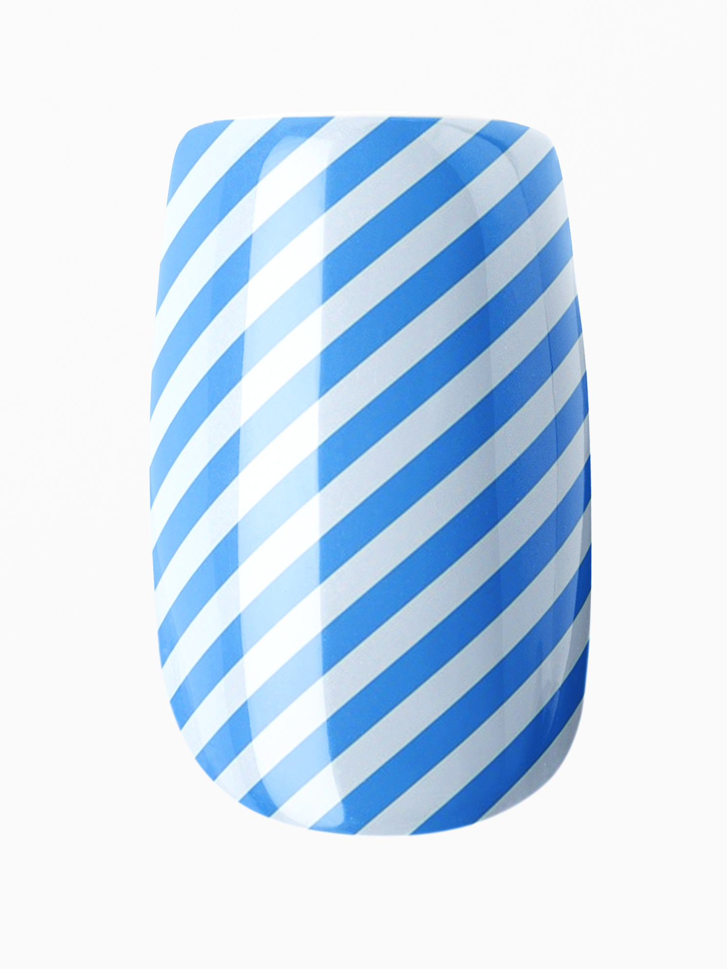 Blue and white striped nail polish on a white background