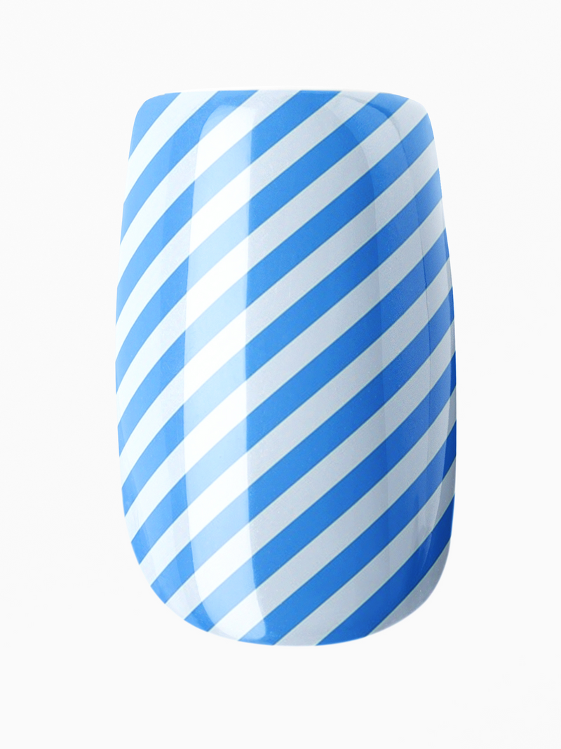 Blue and white striped nail polish on a white background