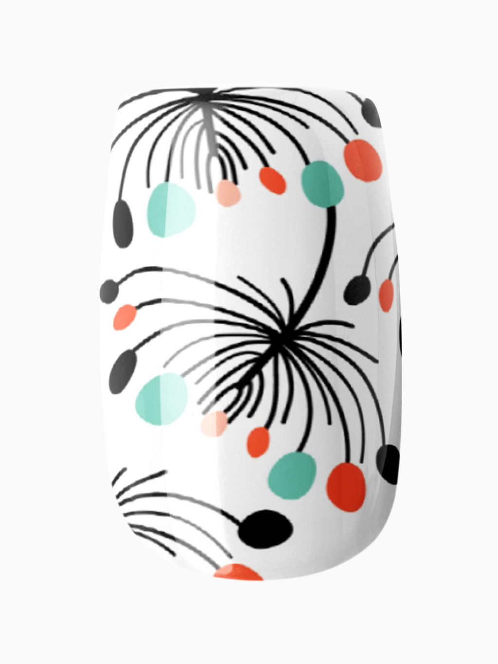 Nail art design with black floral pattern and colorful dots on a white background