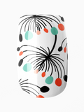 Nail art design with black floral pattern and colorful dots on a white background