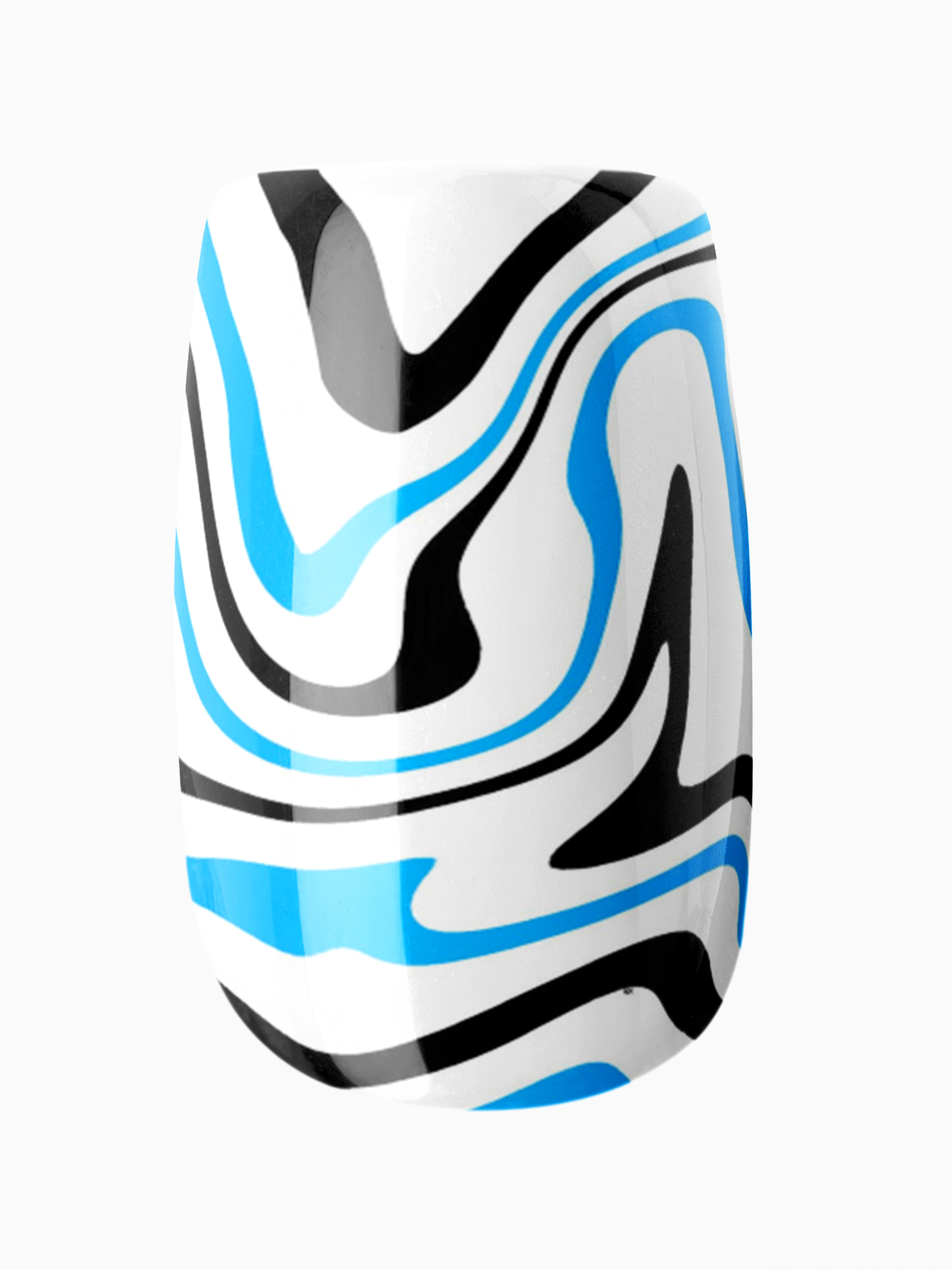 Helmet with blue, black, and white abstract design on a white background